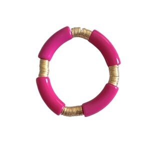 WOMEN’S Vibrant Pink Acrylic Tube Bead & Gold Toned Spacer Bead Bracelet